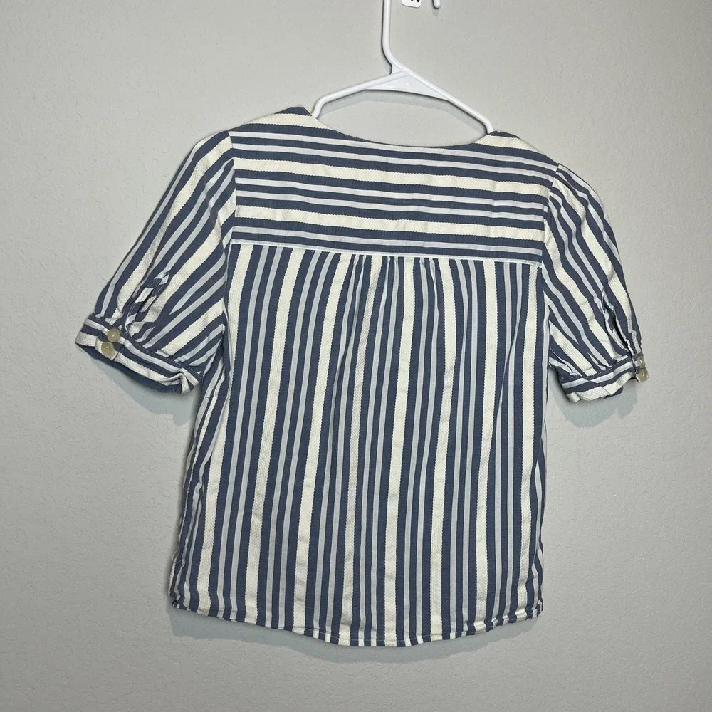 Madewell Blouse Womens XXS Blue Stripe V Neck Button Short Puff Sleeve Top